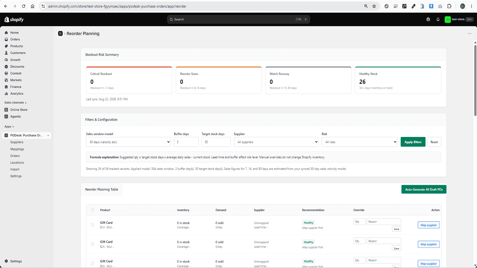 PODesk reorder planning screen.