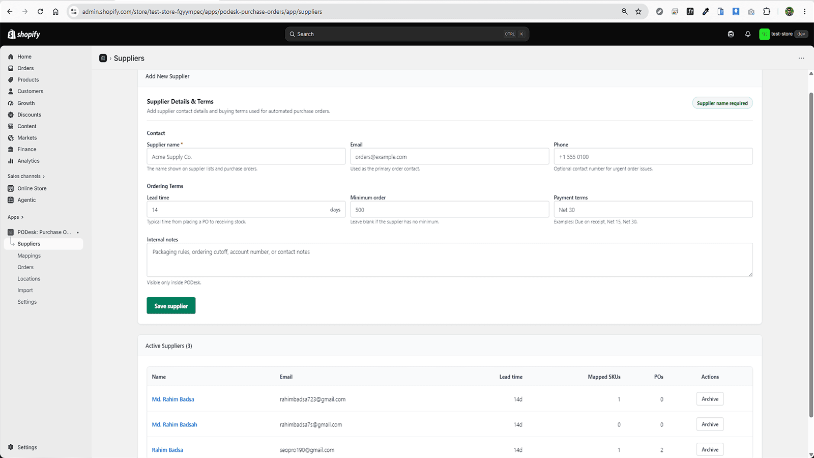 PODesk supplier database screen.