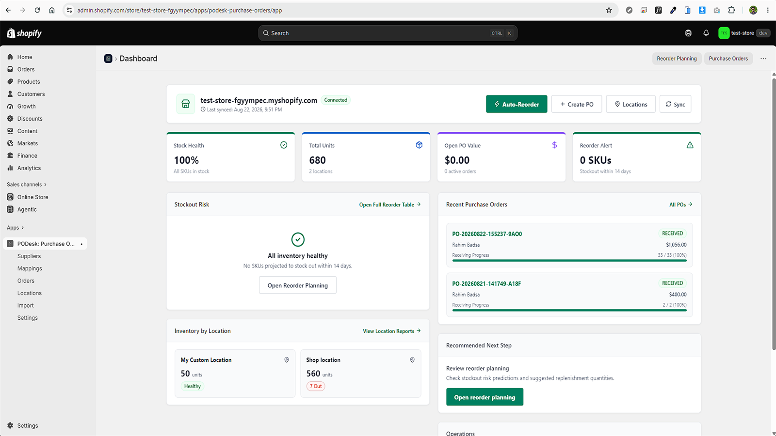 PODesk — Shopify Purchase Order & Reorder SaaS - Dashboard Overview